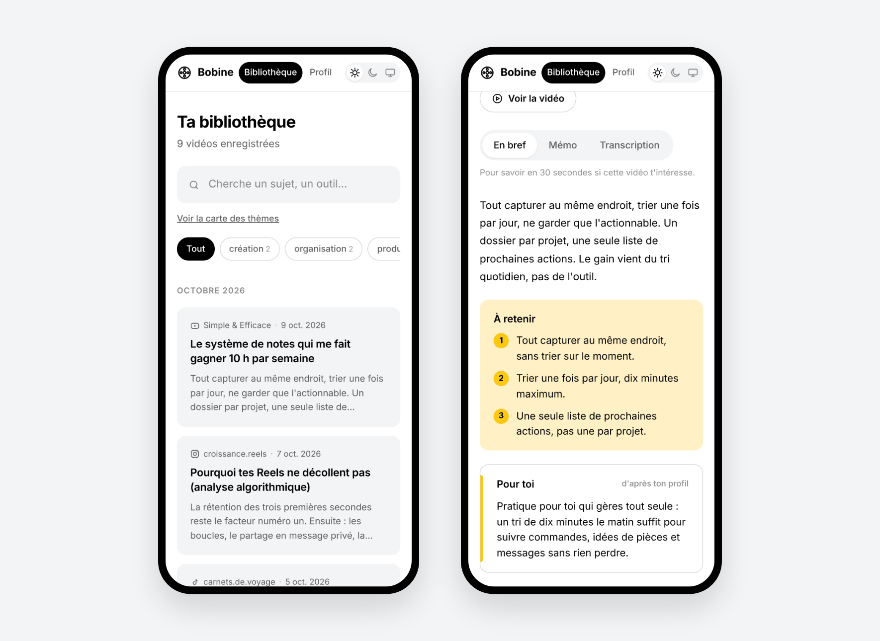 Bobine sur iPhone : la bibliothèque et une fiche.